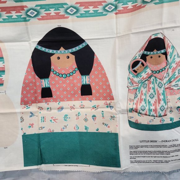 "Little Deer" Indian Doll Southwestern Cut&Sew Craft Fabric Panel TURQUOISE VTG! - Picture 11 of 12